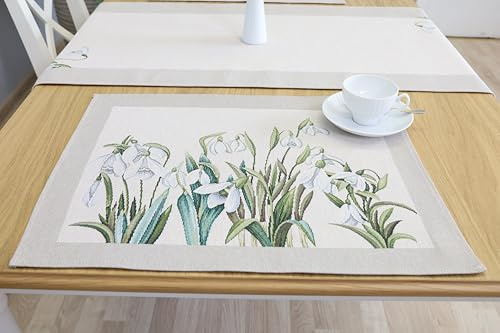 Bordstabletter tvättbara set om 6, 40 x 50 cm, bordsunderlägg tyg 100 % jacquard gobeläng, underlägg hög kvalitet återanvändbara för bröllop, födelsedag, kök, café – snödroppar