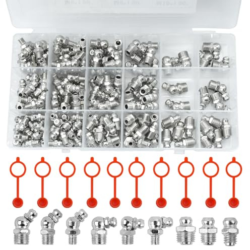 201 Piezas Engrasadores Boquilla Engrasadora Surtido de Rácores Engrasadores M6 M8 M10 Recto y en Ángulo de 45° 90° 180° Kit de Boquillas de Grasa para Equipos Mecánicos con Caja de Almacenamiento