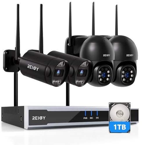 REIGY 8MP WLAN Überwachungskamera Aussen Set Vorinstallierte 1TB Festplatte, Funk 16CH NVR Überwachungssystem mit 2xPT+2xBullet Kamera, Outdoor Camera Kit, mit Zwei-Wege-Audio Bewegungserkennung