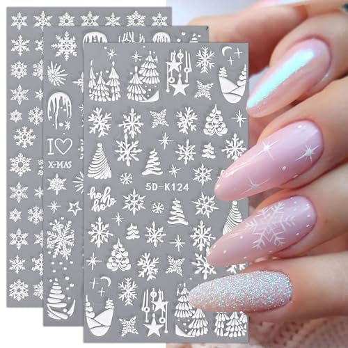JMEOWIO 3D Nagelsticker Weihnachten Schneeflocken Fest Nail Art Sticker Selbstklebend Nagelaufkleber 5D Stereoskopisch Dekoration Nageldesign Zubehör 3 Blatt