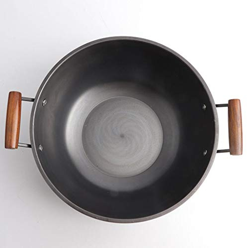 WOTZOV Sartén Antiadherente de Hierro Fundido con Tapa de Madera y sin Revestimiento. Olla de Acero Inoxidable para guisos y woks versátiles.