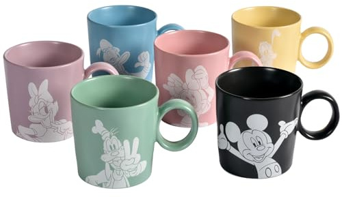 Fyrklövern Micky & Freunde Kaffeetasse Disney, 6er-Set, 320 ml, Steinzeug, Spülmaschinenfest, Seidenmatte Glasur, inkl. Geschenkbox, Mehrere Farben