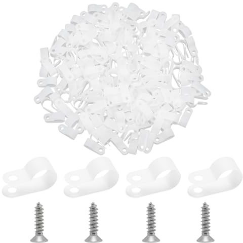 Adyoney 200Pcs White Plastic Nylon Rope Light Clips with Stainless Steel Screws, 1/2 Cable Clamps Wire Clips, 1/2 Inch R-Type Cable Clip Wire Clamps, Extension Cord Wall Clip
