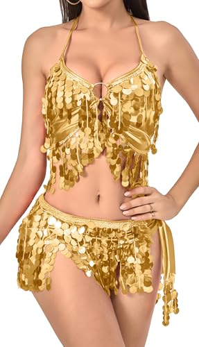 FEOYA Women's Belly Dance Outfits Latin Dress Sequin Fringe Tassel Hip Scarf Sparkly Shiny Belly Bra Top Festival Rave Carnival Costume Gold