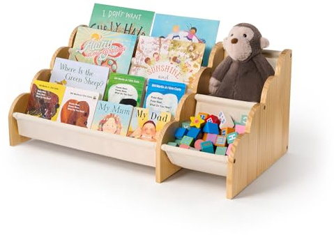 Puricon Estantería Infantil de 4 Niveles con Estante para Juguetes, Organizador Frontal de Estilo Montessori con Borde Ondulado para Ni?os Peque?os, Guardería, Sala de Juegos, Dormitorio y Aula -Beige