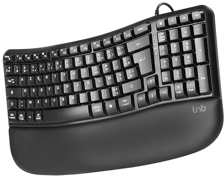 T'nB - Ergo Clavier Ergonomique Filaire AZERTY FR, Forme Ondulée Confortable, Repose Poignet Intégré, 12 Touches De Raccourcis, Compatible PC Et Mac - Noir