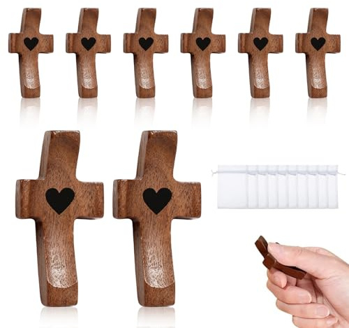 10 PCS Wooden Cross, Pocket Holding Crosses with Organza Bags Palm Cross Fidget Wood for Devotional Prayers Baptism Communion