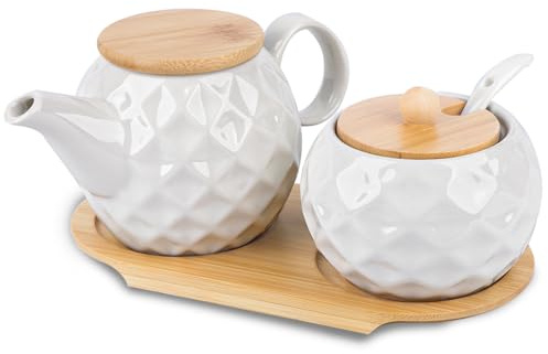 mumisuto Juego de Leche y Azúcar,Juego de Porcelana para Servir Café y Té con Tapa y Cuchara,Azucarero y Jarrita con Soporte Madera,Leche y Azúcar,Apto para microondas y lavavajillas (rombo)