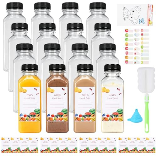 ZUYIST Botellas Vacías Reutilizables de 350 ml, 16 Botellas de Plástico con Tapas de Sellado, Material PET, para Jugo, Leche, Agua, Batidos, Incluye Embudo y Cepillo de Limpieza