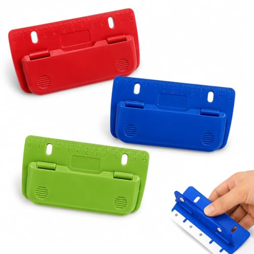 3 perforadoras de bolsillo, perforadora para carpetas, mini perforadora para grapar de bolsillo plana para escuela, oficina, hogar para 80 mm de distancia entre orificios, azul, rojo, verde para