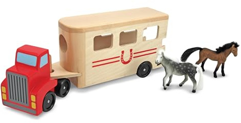 Melissa & Doug Horse Carrier Wooden Vehicle Play Set with 2 Flocked Horses and Pull-Down Ramp