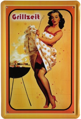 WOGEKA ART Retro Blechschild - Pin Up Girl Grillzeit - witziger Spruch als Geschenk-Idee zum Geburtstag Weihnachten zur Dekoration 20x30 cm Vintage-Design aus Metall 356