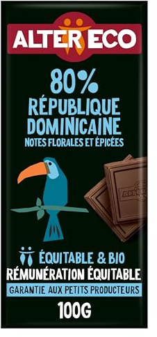 ALTER ECO - Chocolat Noir 80% - Rep Dominicaine - Bio & Équitable - 100 g | Tablette de chocolat Bio - Notes florales et épicées - Commerce Equitable