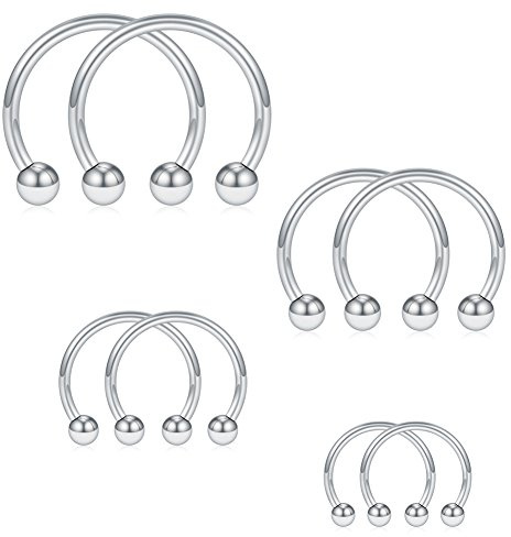 SCERRING 8PCS 16G Stainless Steel Nose Septum Horseshoe Earring Eyebrow Septum Lip Helix Tragus Cartilage Piercing Ring 6mm,8mm,10mm,12mm - Silver