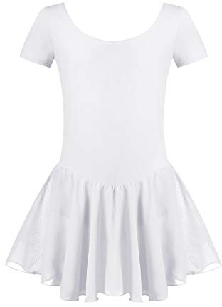 Untlet Ballettkleid Mädchen Kinder Kurarm Ballettanzug Ballett Trikot Kurzarm Body mit Chiffon Wickelrock Kinder Ballettkleidung Tanzkleid Tanzbody,Weiß,140