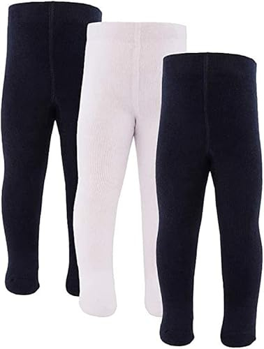 inibini Lot de 3 collants pour bébé/enfant - Couleur unie - 3 collants en coton pour filles et garçons - Fabriqué en Europe, Bleu marine/blanc, 86-92