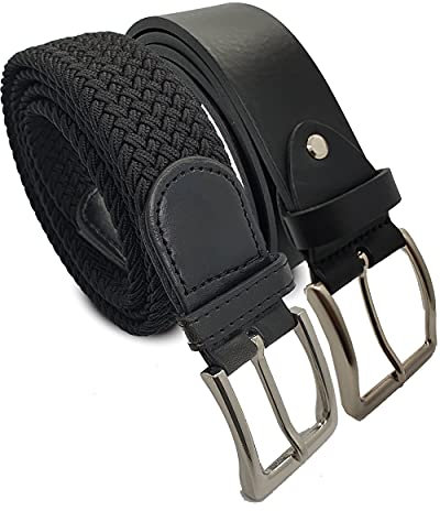 Komfortabel Elastische Geflochtener Stretch Gürtel - Stretchbelt - Stoffgürtel - Gürtel Flecht - Damen und Herren (115 B.W. = Gesamtlänge 130 Cm., Schwarz mit Leder Gürtel)