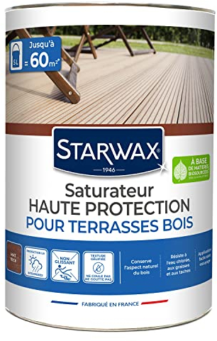 STARWAX - Saturateur Haute Protection -Pour Terrasses et Bois Extérieurs -Teck - Protège et Nourrit - Préserve l'Aspect Naturel du Bois- Huile de Tung - Sans Solvant -Fabriqué en France - 5L - 60m²