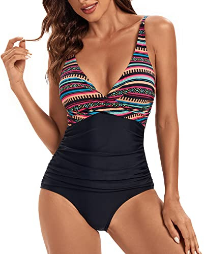 Viloree - Costume da bagno intero, da donna, snellente, morbido sulla pancia, plus size, Strisce colorate., M