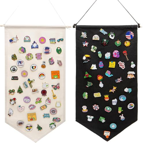 Nicoone 2PCS Pin Badge Display Banners,Canvas Hanging Brooch Pin Organizer, Display Pins Storage Case, Pin Display Pennant Banner for Enamel Lapel Badge Collection