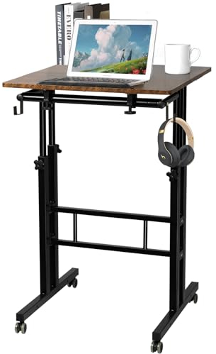 SIDUCAL Mobiler Stand Up Schreibtisch, Verstellbarer Laptoptisch mit Rädern, Home Office Workstation, Rolltisch Laptopwagen zum Stehen oder Sitzen, Rustikales Braun