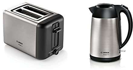 Bosch DesignLine TAT3P420GB 2 Slot Stainless Steel Toaster with variable controls - Silver & Black and DesignLine TWK3P420GB Stainless Steel Cordless Kettle, 1.7 Litres, 3000W - Silver & Black