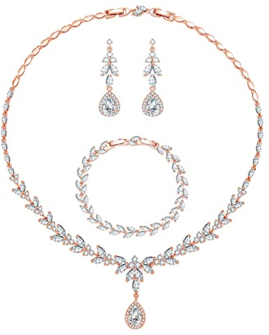 Kamise Hochzeit Schmuck Set Silber Damen, Silber Braut Schmuckset, Damen Halskette & Ohrringe & Armband Set, Blumen Schmuck Set mit 5A Weiß Zirkonia, Allergenfrei Hochzeitsschmuck für Brautjungfern