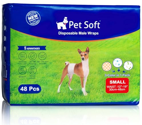 Pet Soft Hundewindeln für Rüden, Rüdenwindeln Einweg, Windel für Rüden, Super saugfähig Rüdenwindeln mit Auslaufsicher und Nässeindikator (S-48 Stück)