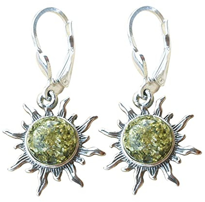 Grun Bernstein Ohrringe, Sterling Silber 925 Ohrhanger, Ech Bernsteinschmuck, Sonne Ohrringe aus Edelstein