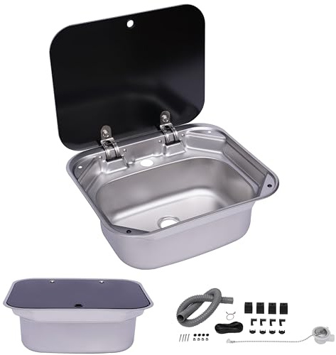 17-Inch Undermount RV Bar Kitchen Sink Workstation Single Bowl Stainless Steel Hand Wash Basin Drop In Sink with Folde Lid Cover Accessories and for RV Bar Cafe Boat Kitchen Camper Van Outdoor BBQ