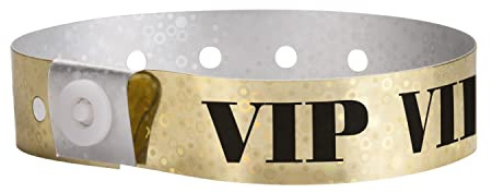 500 WristCo Premium Holographic Gold VIP Plastic Secure Snap Wristbands - 5/8 x 10 - Adjustable Size Event Bracelets, Waterproof, Durable, Wrist Bands for Waterparks Concerts Festival