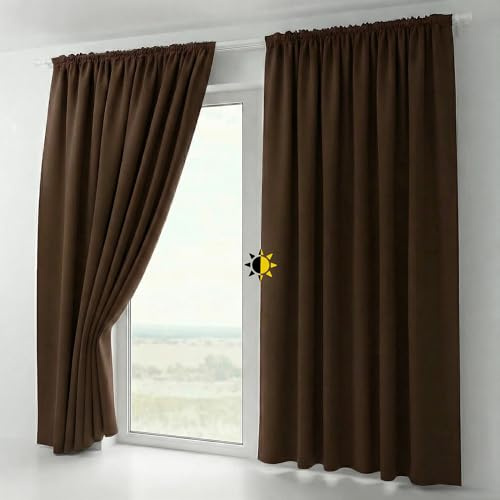BEAUTEX 2er Set Kräuselband Verdunkelungsvorhang mit U-Band, Gardinen abdunkelnd und Blickdicht (B=140 cm, H=145 cm, Dunkelbraun)