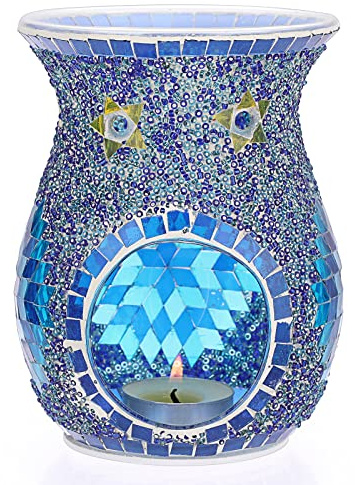 OLegei Bruciatore di oli essenziali in vetro mosaico Scaldabagno Profumo incenso diffusore aromi decorazione per casa, camera da letto, tavolo ufficio (blu)