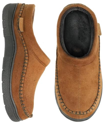 Zigzagger Men's Slip On Moccasin Slippers, Indoor/Outdoor Warm Fuzzy Comfy House Shoes, Fluffy Wide Loafer Slippers,Cold Tawny, 9-10 D(M) US