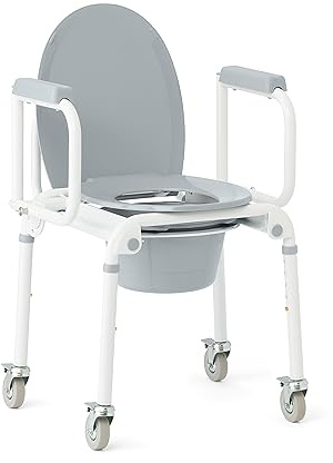 Medline Aluminum Drop-Arm Bathroom Chair Commode with 4 Locking Casters, 300 lbs. Capacity, for Restroom, Elderly, Adults, Bariatric & Wheelchair Transfer to Toilet