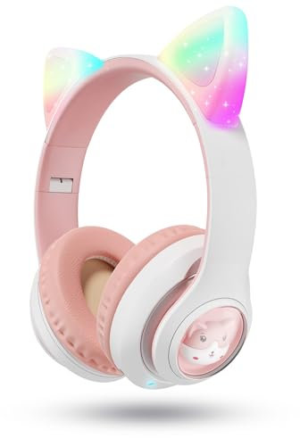 VuyKoo Casque Audio Enfants Bluetooth 5.0 avec Lumières RGB, Microphone HD, Volume Limité 94dB, Rose