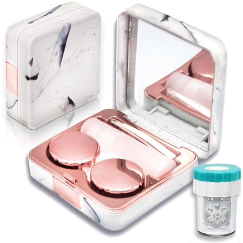 Vastsoon Contact Lens Case with Cleaner Washer, Portable Cute Eye Contacts Colored Lenses Applicator Remover Tool Kit with Mirror Solution Bottle Travel Size for Daily Outdoor (Square, Rose Gold)