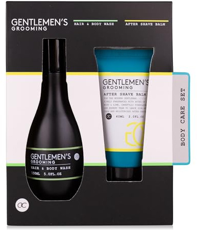 Accentra GENTLEMEN'S GROOMING Coffret cadeau comprenant 150 ml de shampoing pour cheveux et corps, 60 ml de baume après-rasage, parfum menthe fraîche et citron vert – Noir/blanc/menthe