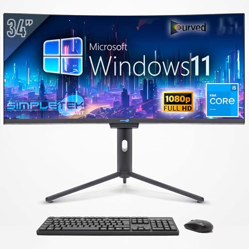 SIMPLETEK - PC All In One 34 Wide Curved Screen | Core i5 | Windows 11 Pro | RAM 8GB | SSD 120GB | Integrierte 2K Webcam | WiFi 6 und BT 5.2