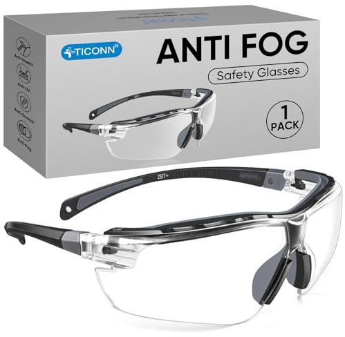 TICONN Anti-Fog Safety Glasses for Men and Women, ANSI Z87.1 Scratch Proof Eye Goggles with Adjustable Arms and UV Protection (Clear, 1PK)