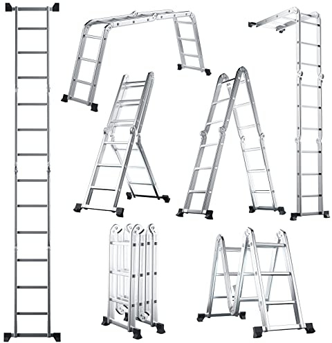 COSTWAY Échelle Pliable en Aluminium 7 en 1 de 370,5 cm, Échelle Multifonction avec Marches et Plate-Forme Antidérapants, Charge Max 150KG, pour Maison et Extérieur