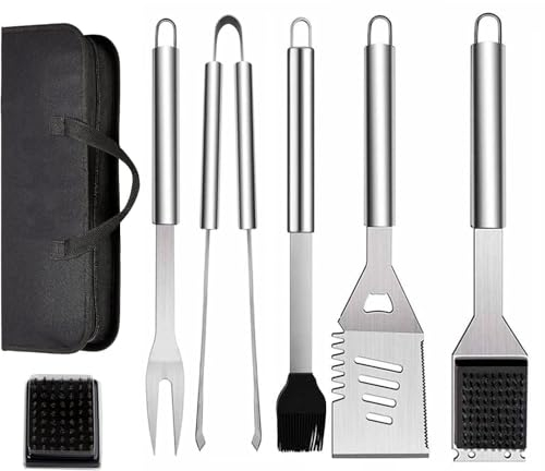ZWMYF - Set di 7 utensili per barbecue in acciaio inox, con borsa per il trasporto, spatola, pinze e forchetta, accessori per barbecue, cucina all'aperto e campeggio