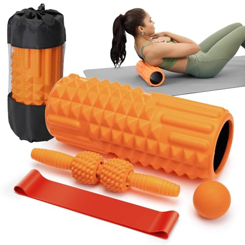 Set di rulli in schiuma 5 in 1 – Rullo in schiuma ad alta densità per schiena, rullo muscolare, palla massaggiante, fascia di resistenza per fisioterapia e massaggio muscolare, rullo per muscoli