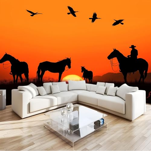 Fototapete 3D Sonnenuntergang Tiere Pferde Vögel Tapete 400x280 cm 3D Vlies Wanddeko Wallpaper Wandtapete Dekoration Study Zimmer Wohnzimmer Restaurant Cafe