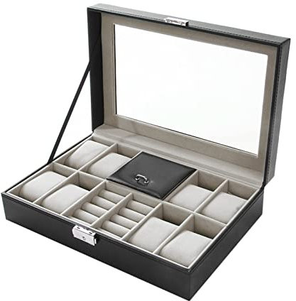 Uhrenbox, Uhrengehäuse, Aufbewahrungsbox, Uhrenbox, Uhrenbox für Damen und Herren, 12 Fächer, schwarze Uhrenbox, PU-Lederetui, Organizer mit Schmuckschublade zur Aufbewahrung und Präsentation von