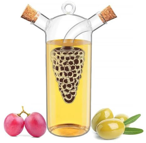 GEEZY 2 in 1 Oil and Vinegar Dispenser Clear Glass Condiment Cruet Bottle with Cork Stoppers for Kitchen, Dual Pourer and Drizzler, Grapes Design