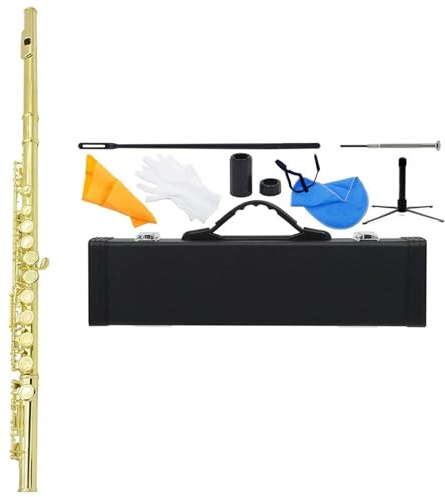 Querflöte Instrument Flöte 16 Geschlossene Löcher C-Taste Flöte Für Konzertaufführungen Professionelle Holzblasinstrumente Querflöte Mit E-Tastz(Gold)