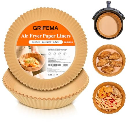 GRIFEMA Carta Forno per Friggitrice ad Aria Calda, Rotonda 100PCS, 20-24 cm, 5-8 L, BPA Free, Naturale Carta da Forno per Friggitrice ad Aria per Padelle, Forno e Friggitrice ad Aria Calda