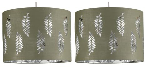 firstchoicelighting Set of 2 Sage Green Pendant Shades, Easy Fit Ceiling Lightshades, Fern Leaf Cut Out Design, Diameter 30cm