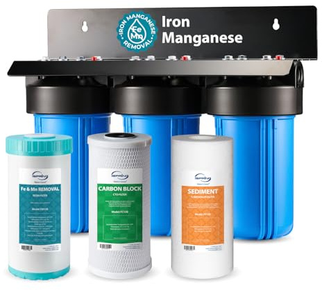 iSpring Whole House Water Filter System, Reduces Iron, Manganese, Chlorine, Sediment, Taste, and Odor, 3-Stage Iron Filter Whole House, Model: WGB31BM, 10” x 4.5” Filters, 1” Inlet/Outlet